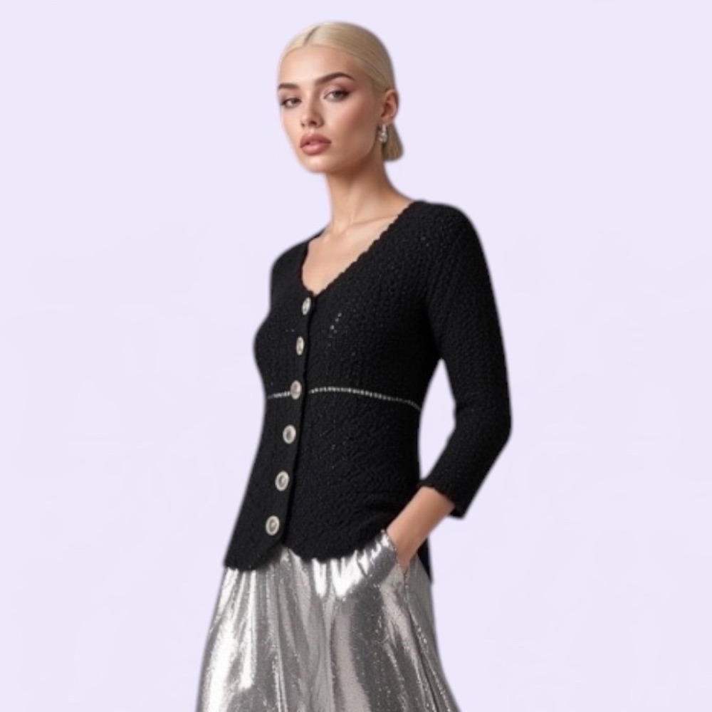 Vintage Handmade Black Crochet Cardigan Whimsigoth Scalloped Babydoll Sweater S
